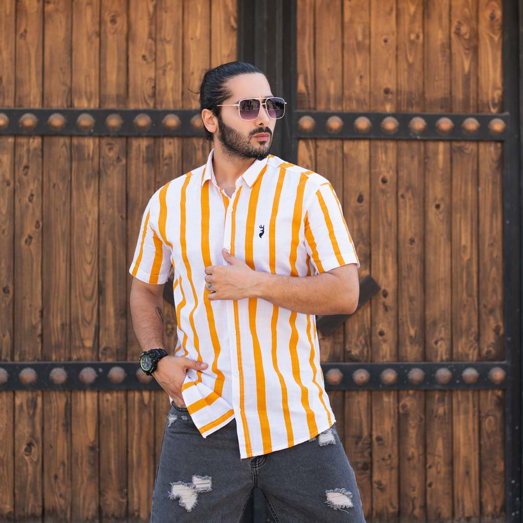 پیراهن مردانه راه راه نارنجی کد 8007