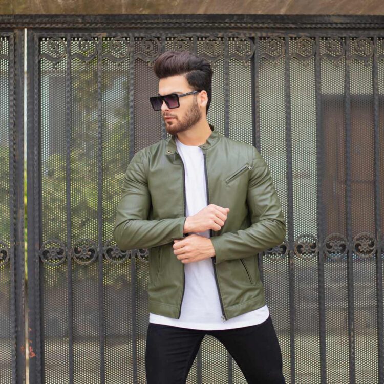 کاپشن چرم مردانه زیتونی کد 10256
