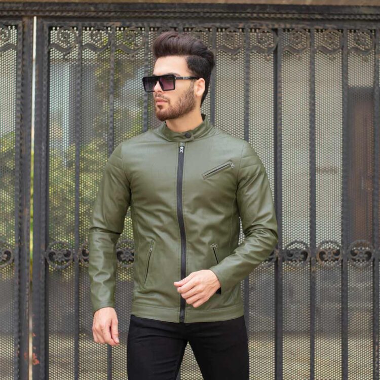 کاپشن چرم مردانه زیتونی کد 10256