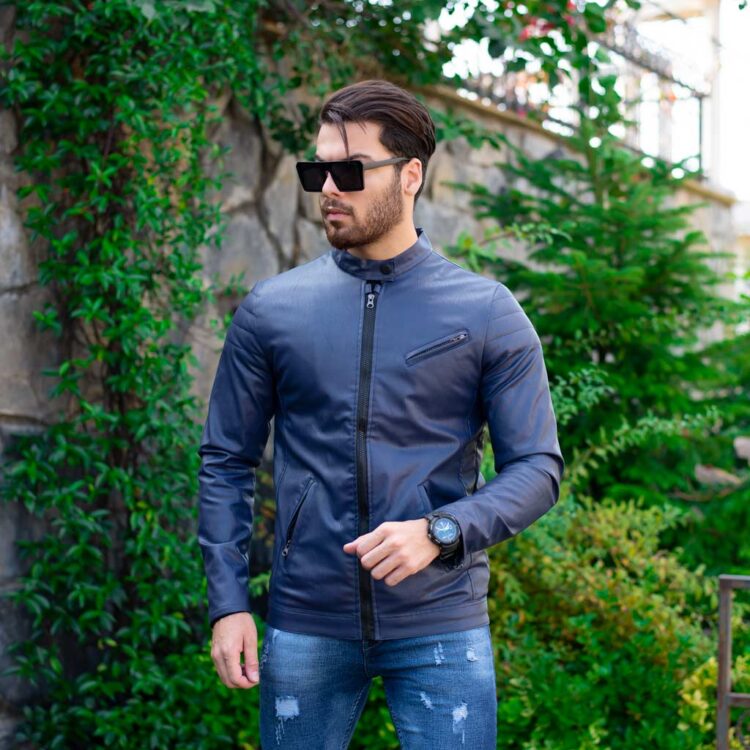 کاپشن چرم مردانه سرمه ای کد 10827