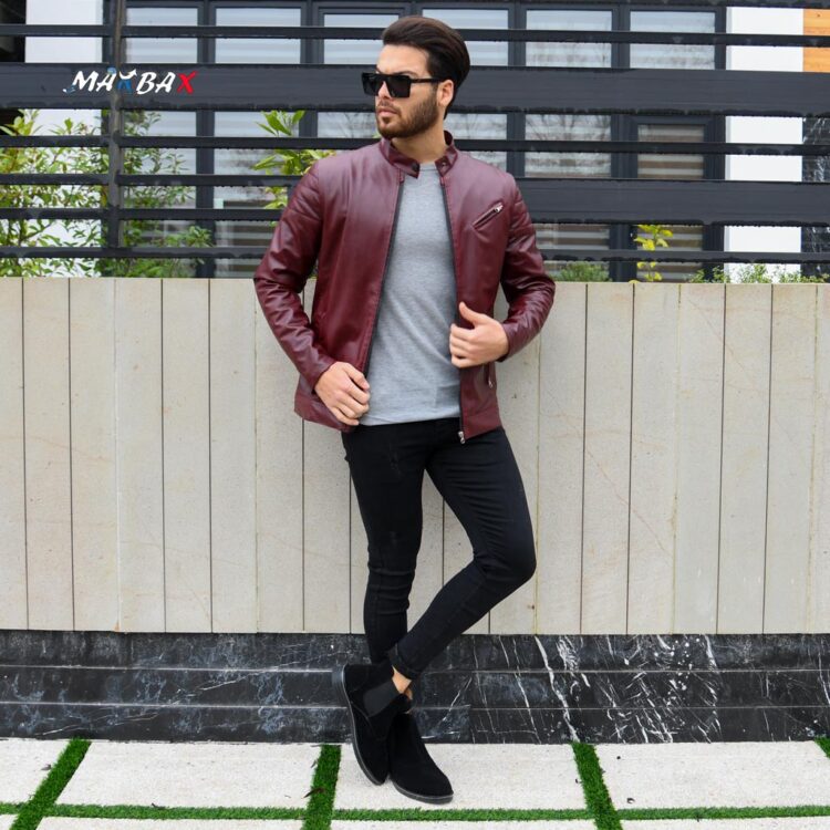 کاپشن چرم مردانه عنابی کد 11633