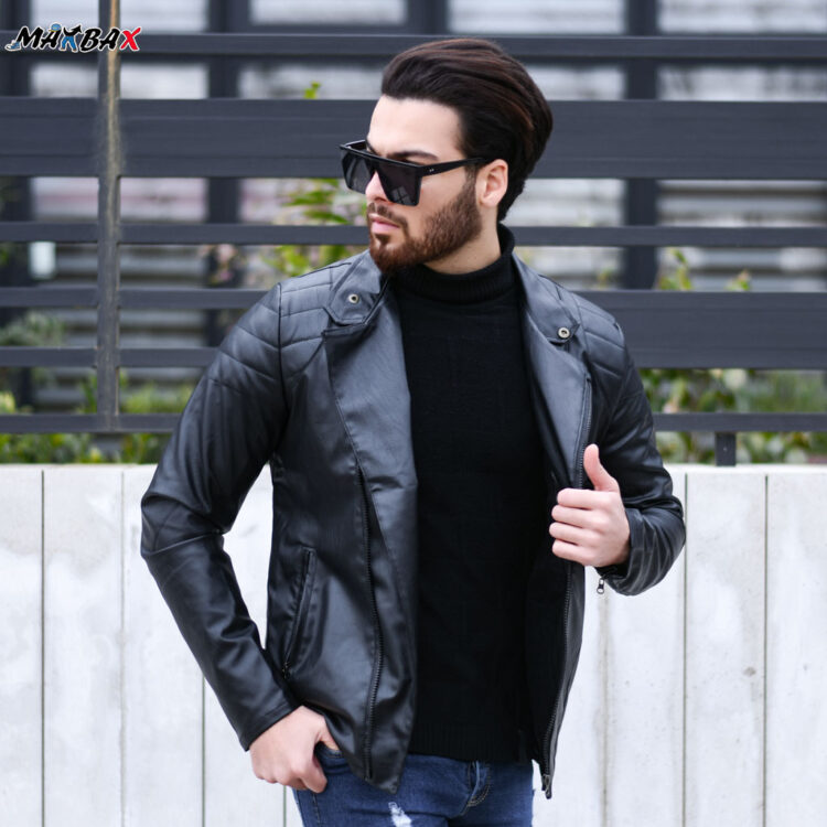 کاپشن چرم مردانه مشکی کد 10404