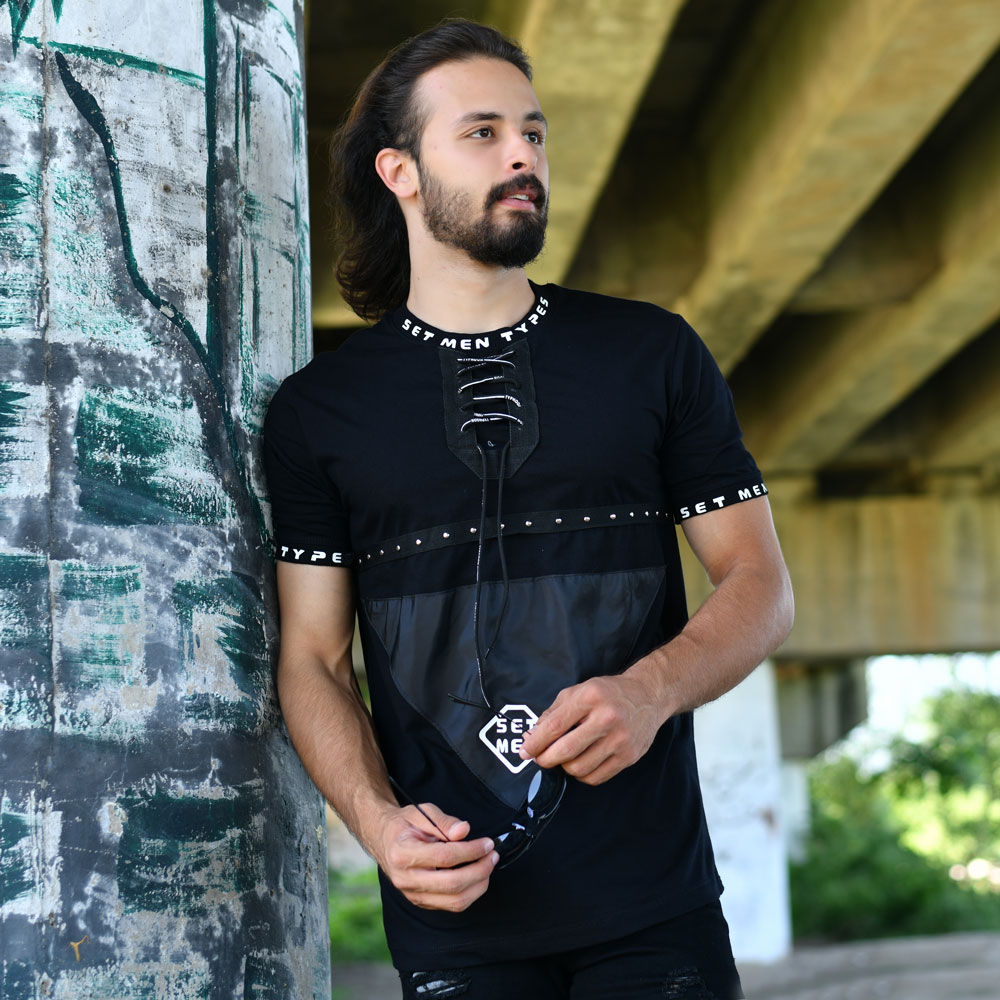 تیشرت مردانه پرچی مشکی کد 15105