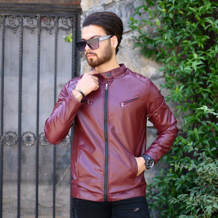 کاپشن چرم مردانه عنابی کد 17171