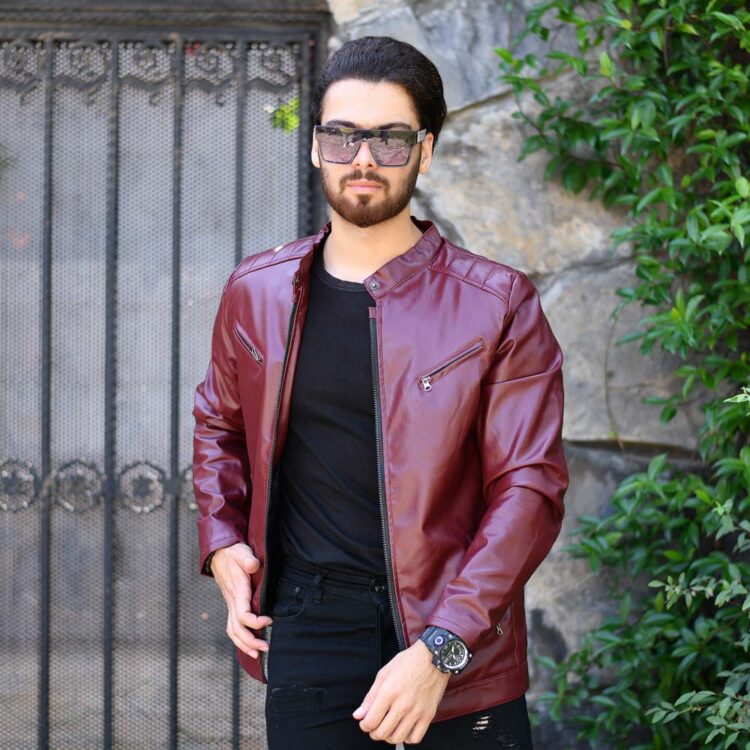 کاپشن چرم مردانه عنابی کد 17171