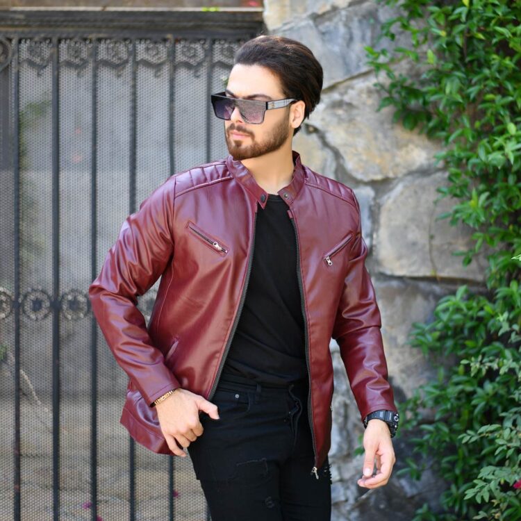 کاپشن چرم مردانه عنابی کد 17171