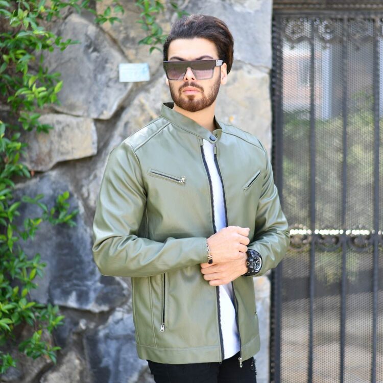کاپشن چرم مردانه زیتونی کد 17173