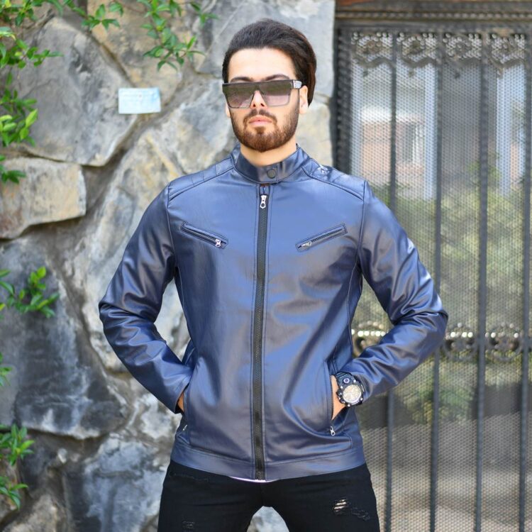 کاپشن چرم مردانه سرمه‌ای کد 17174