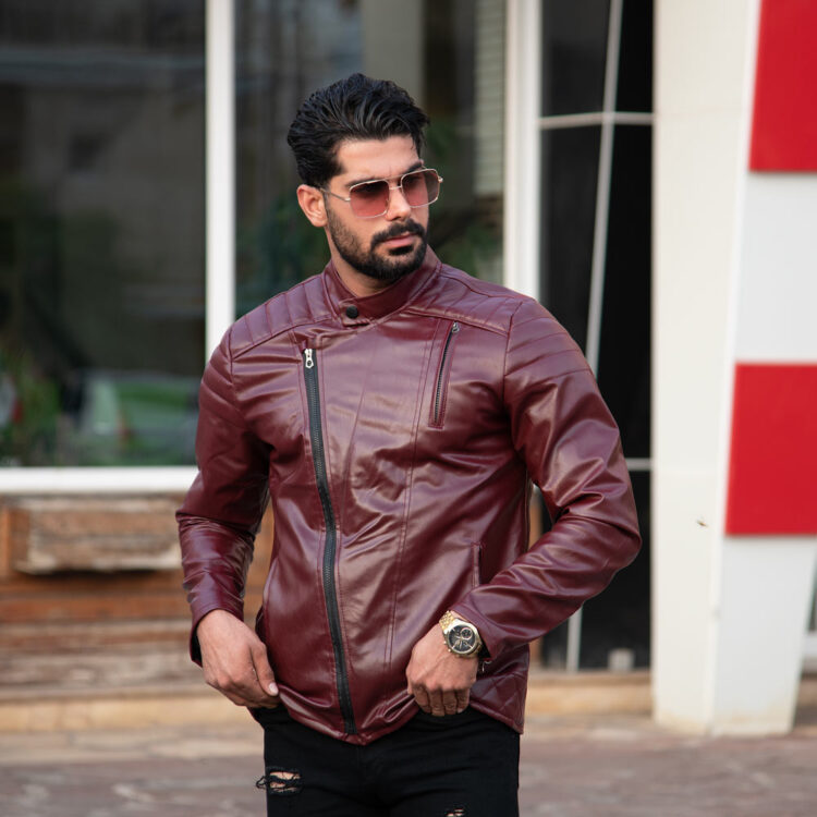کاپشن چرم زیپ کج عنابی کد 17541