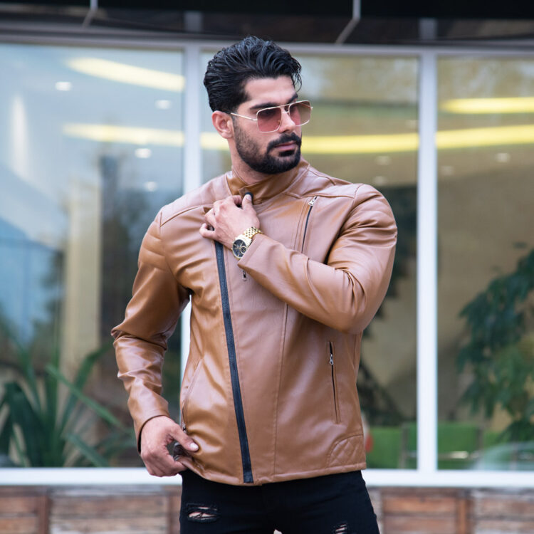 کاپشن چرم زیپ کج قهوه‌ای کد 17544
