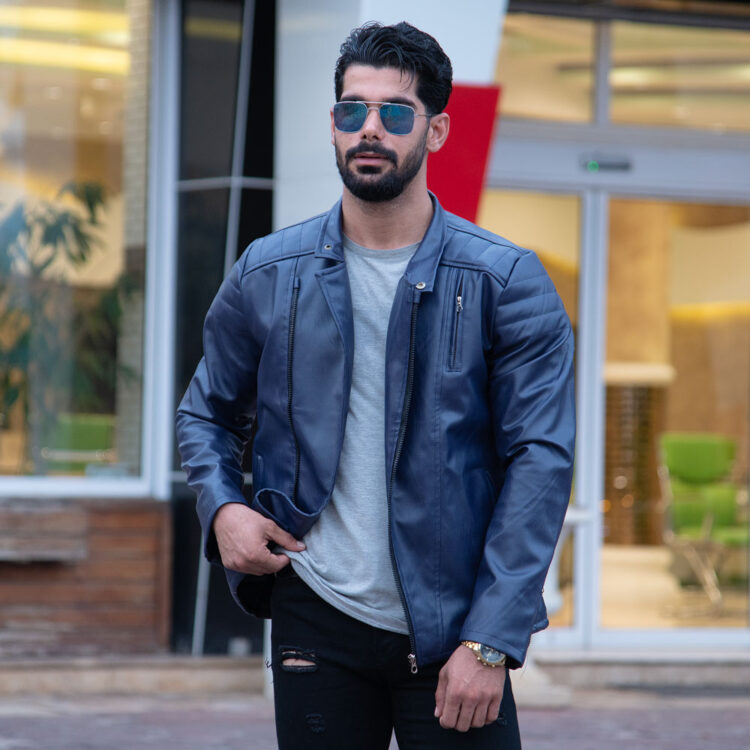 کاپشن چرم زیپ کج سرمه‌ای کد 17542