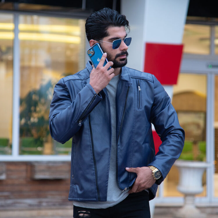 کاپشن چرم زیپ کج سرمه‌ای کد 17542