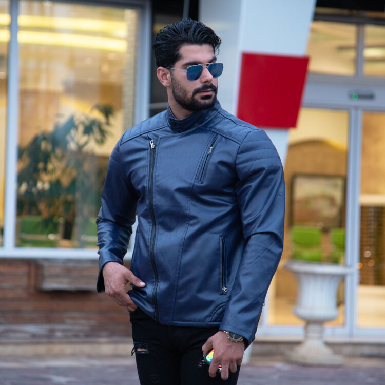 کاپشن چرم زیپ کج سرمه‌ای کد 17542