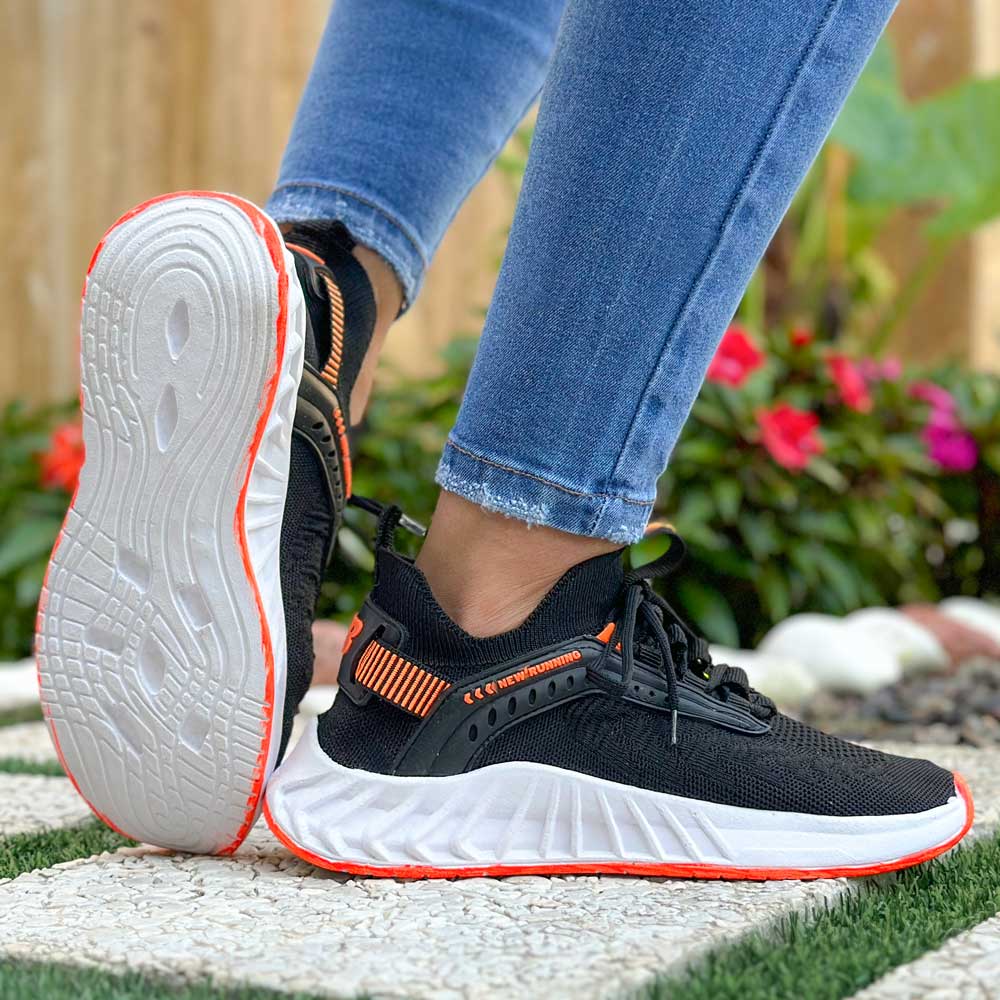 کتانی دخترانه جورابی مشکی نارنجی کد 22147