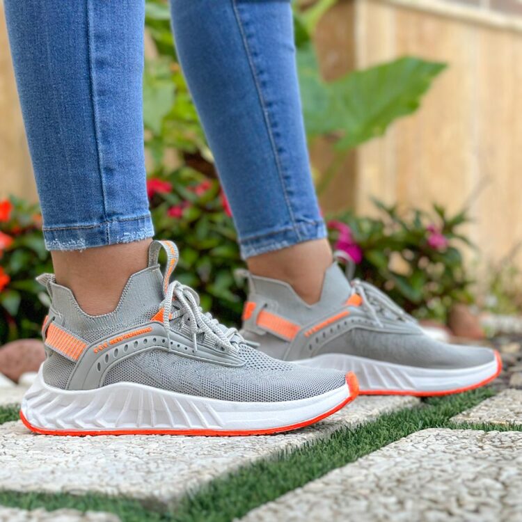 کتانی دخترانه جورابی طوسی نارنجی کد 22149