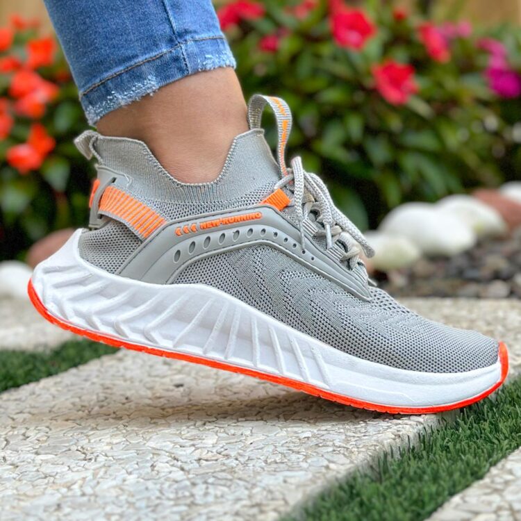 کتانی دخترانه جورابی طوسی نارنجی کد 22149