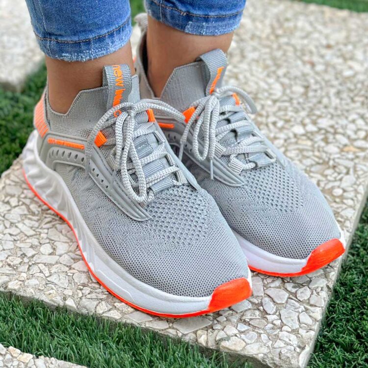 کتانی دخترانه جورابی طوسی نارنجی کد 22149