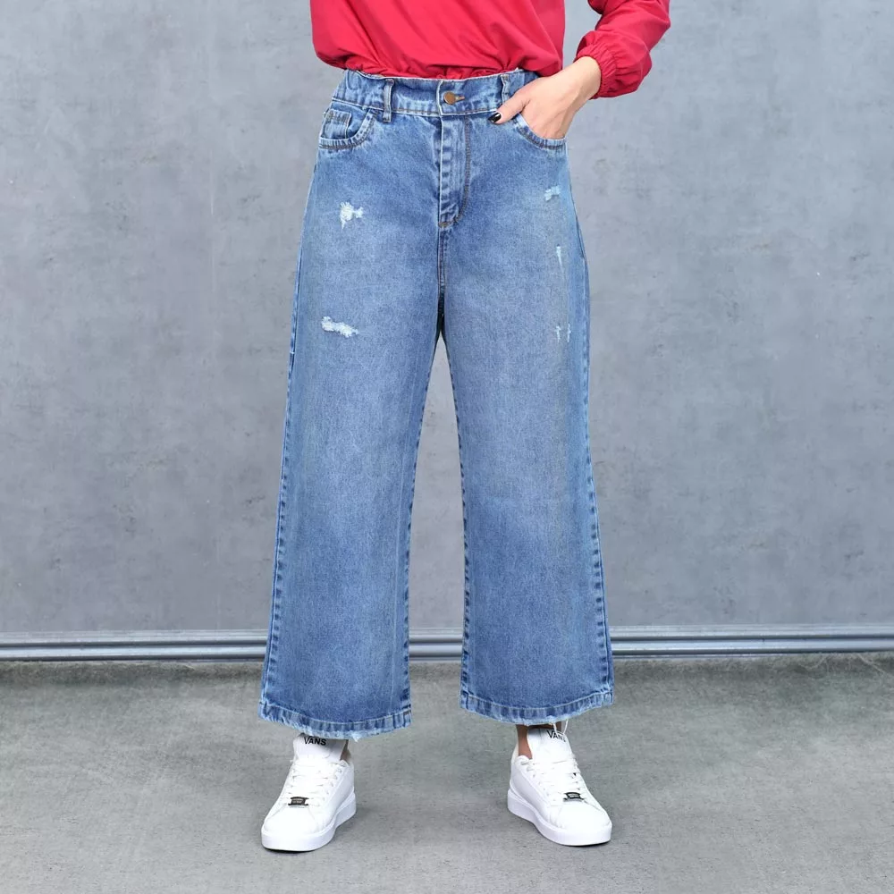 شلوار جین واید لگ دخترانه آبی کد 25087