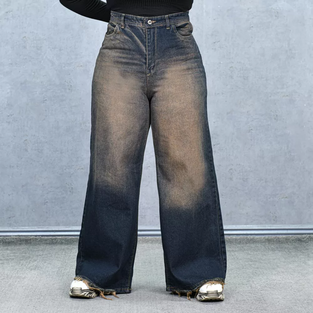 شلوار جین دخترانه شافل بگ سرمه ای کد 25001