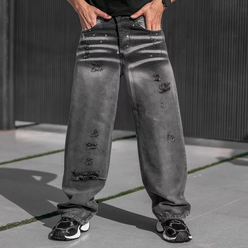 شلوار جین مردانه نیم بگ ذغالی کد 25318