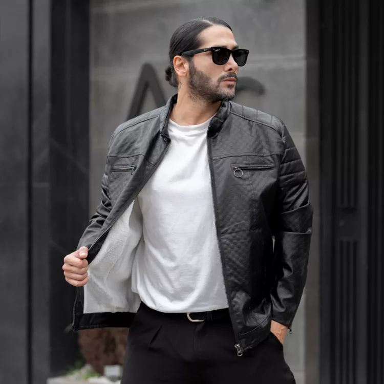 کاپشن چرم مردانه مشکی کد 27714