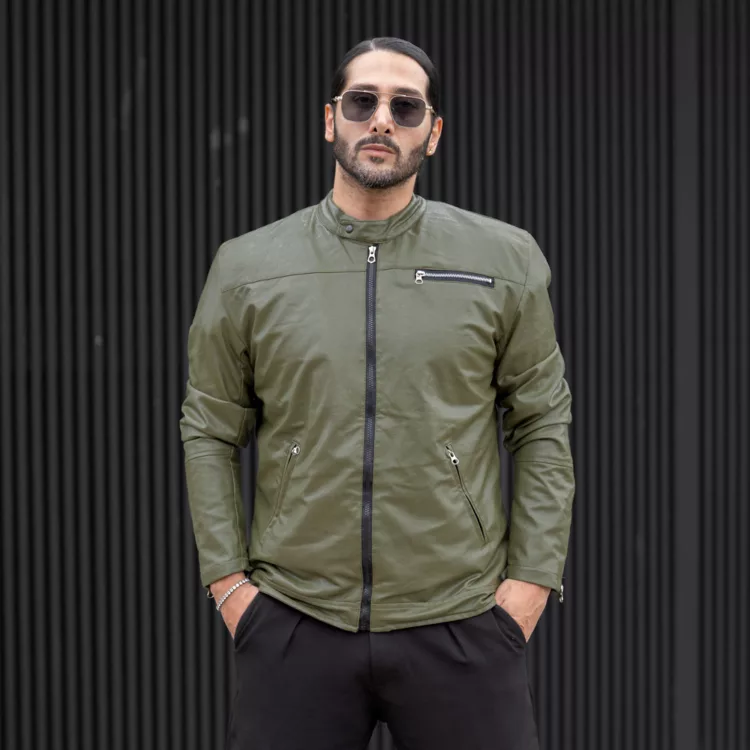 کاپشن چرم مردانه زیتونی کد 27705