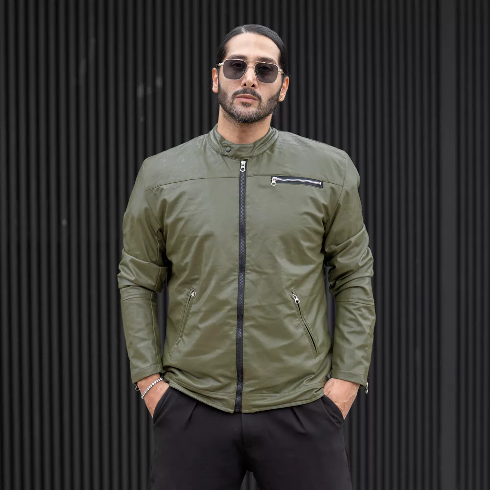 کاپشن چرم مردانه زیتونی کد 27705