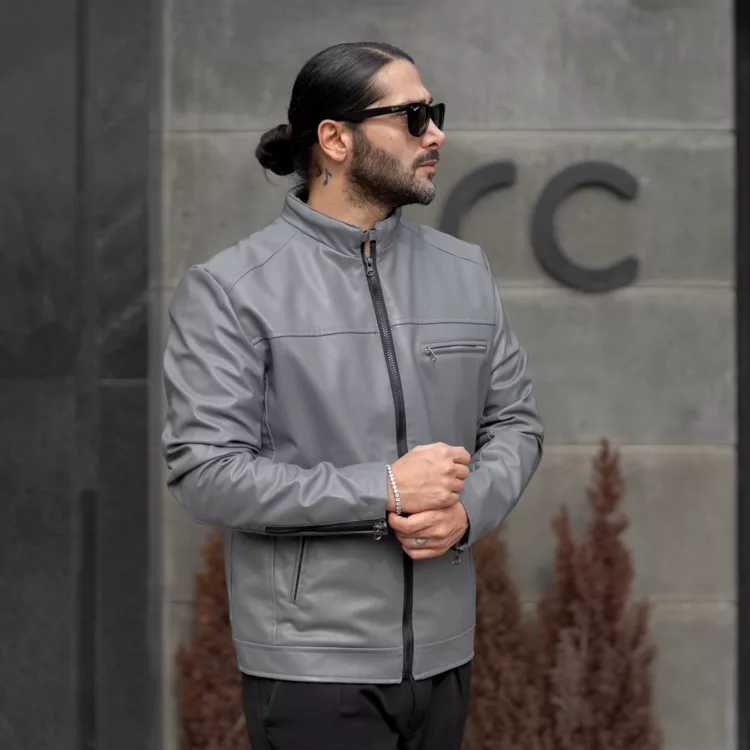 کاپشن چرم سایز بزرگ مردانه خاکستری کد 27614