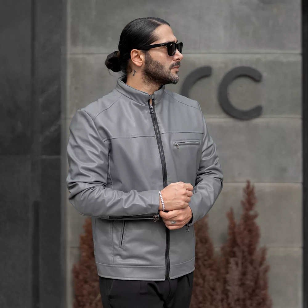 کاپشن چرم سایز بزرگ مردانه خاکستری کد 27614