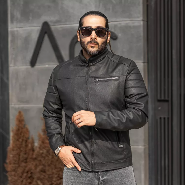 کاپشن مردانه چرم مشکی کد 28198