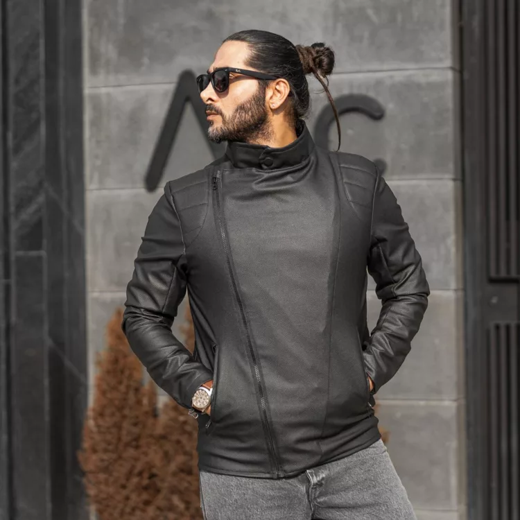 کاپشن مردانه چرم مشکی کد 28197