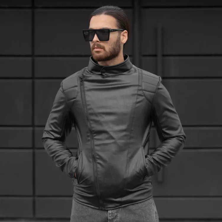 کاپشن مردانه چرم زیپ کج مشکی کد 28215