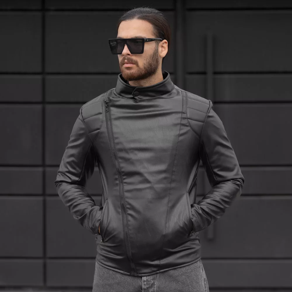 کاپشن مردانه چرم زیپ کج مشکی کد 28215