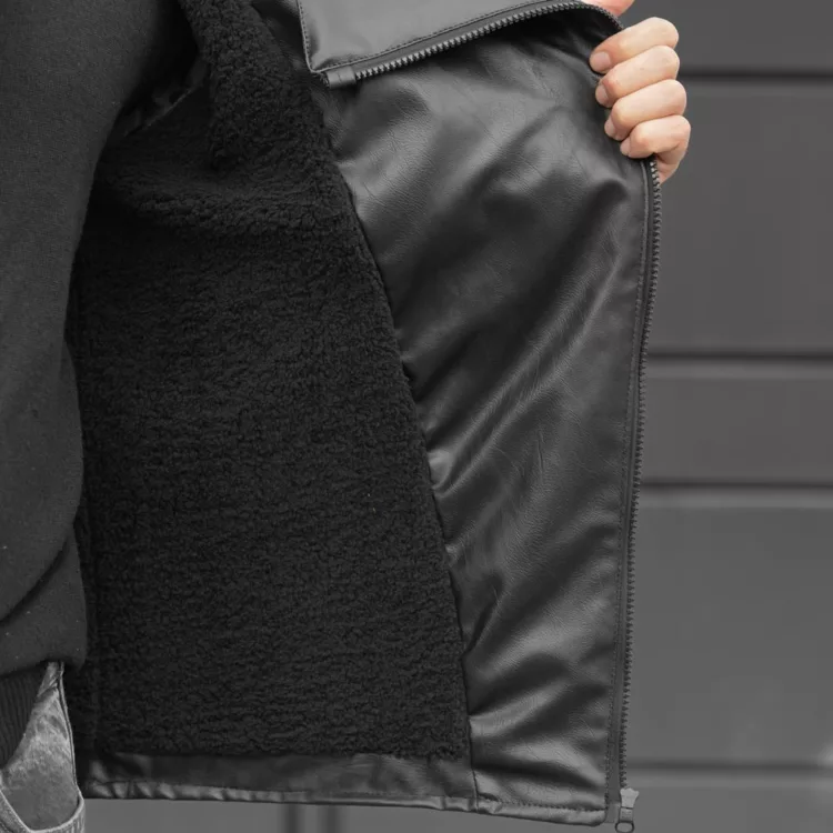 کاپشن مردانه چرم زیپ کج مشکی کد 28215