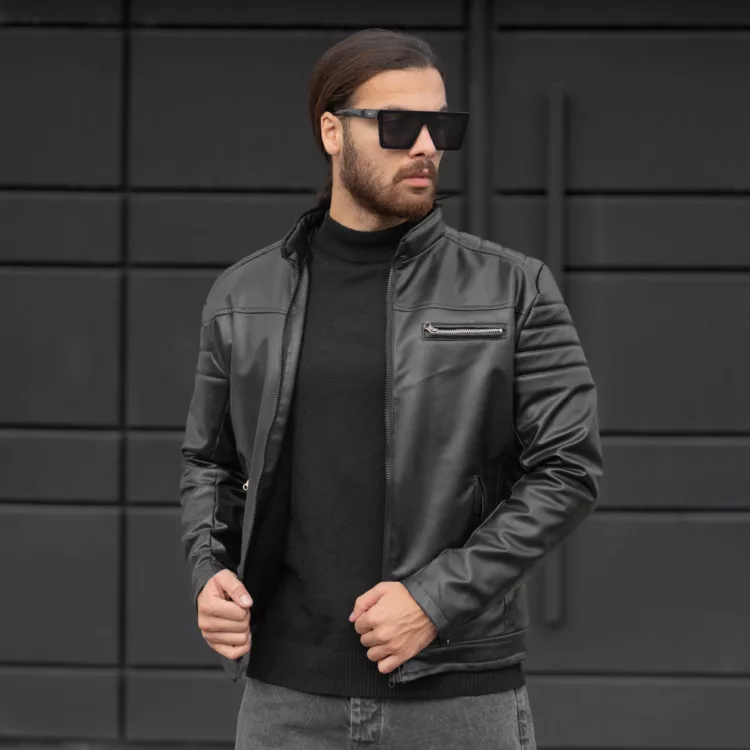 کاپشن مردانه چرم مشکی کد 28216