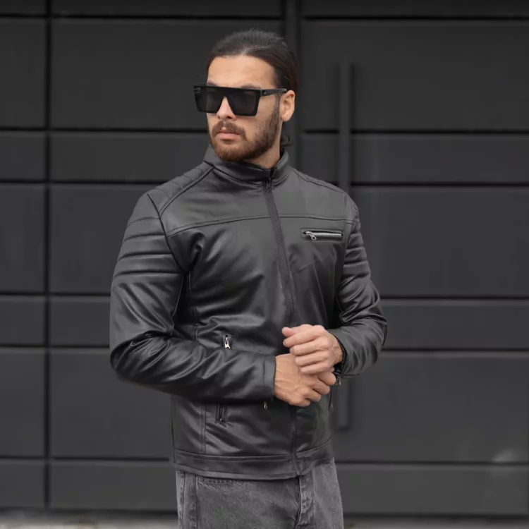 کاپشن مردانه چرم مشکی کد 28216