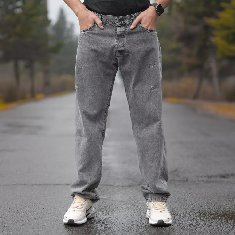 شلوار جین مردانه نیم بگ خاکستری کد 28320