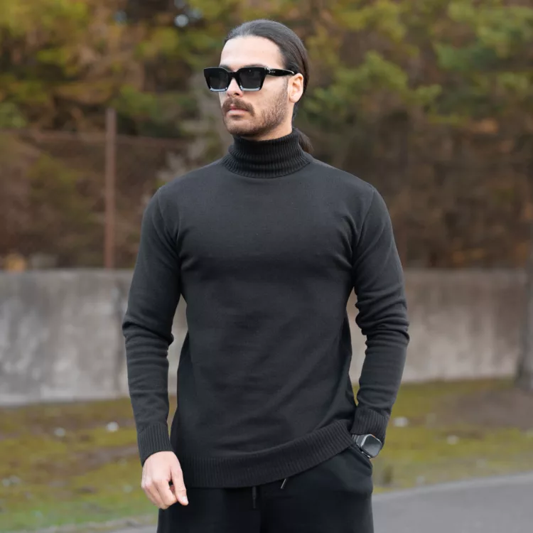 بافت مردانه یقه اسکی ساده مشکی کد 28593