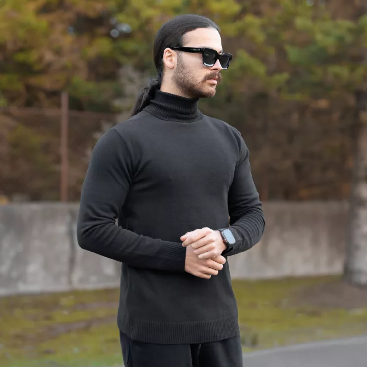 بافت مردانه یقه اسکی ساده مشکی کد 28593