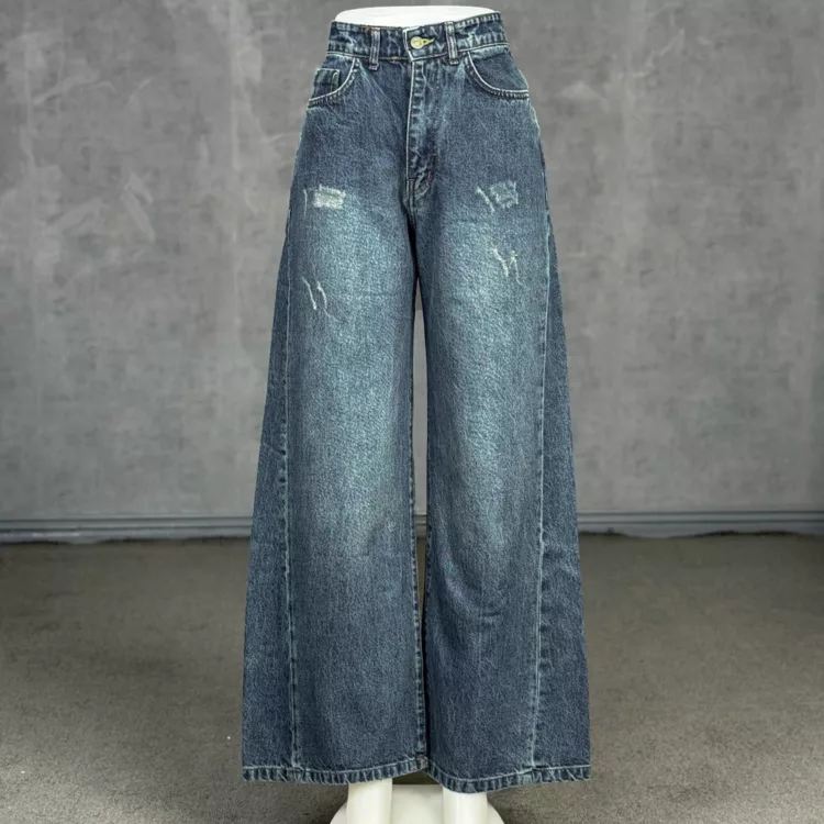 شلوار جین دخترانه شافل بگ آبی کد 28607