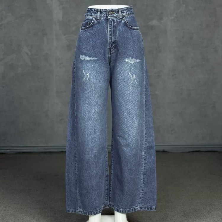 شلوار جین دخترانه شافل بگ آبی کد 28608