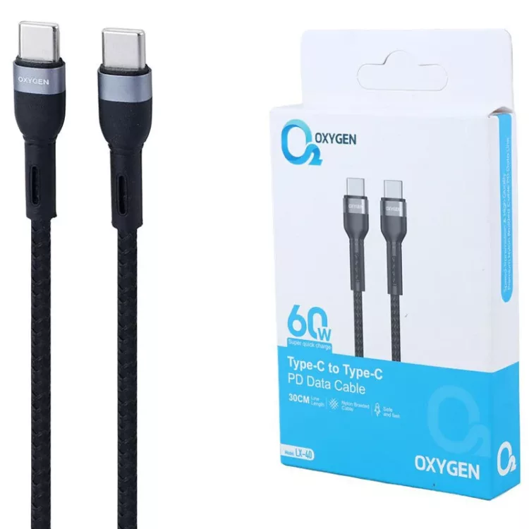 کابل دو سر تایپ سی کوتاه فست شارژ 60 وات Oxygen
